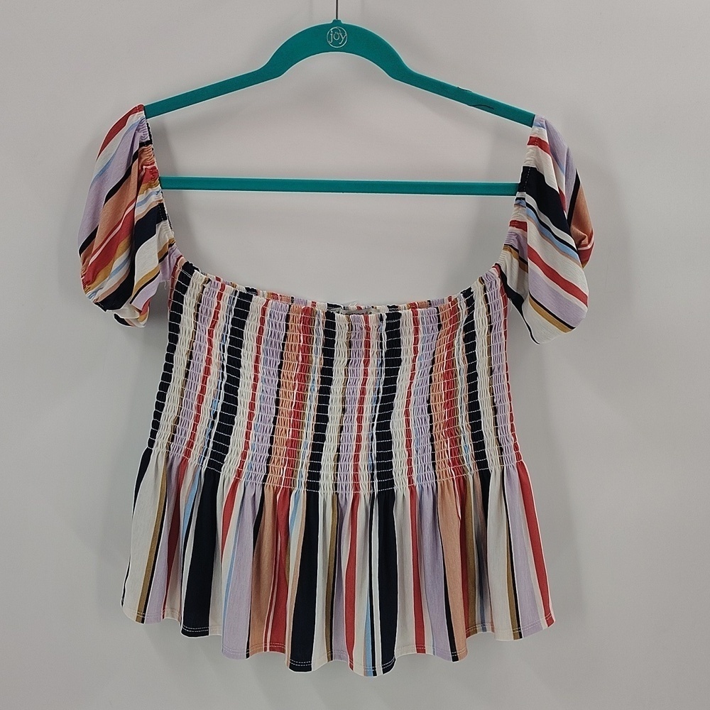 Haute Monde Women's Top Large Almukti Stripe Smock Bodice Flowy Fitted Top